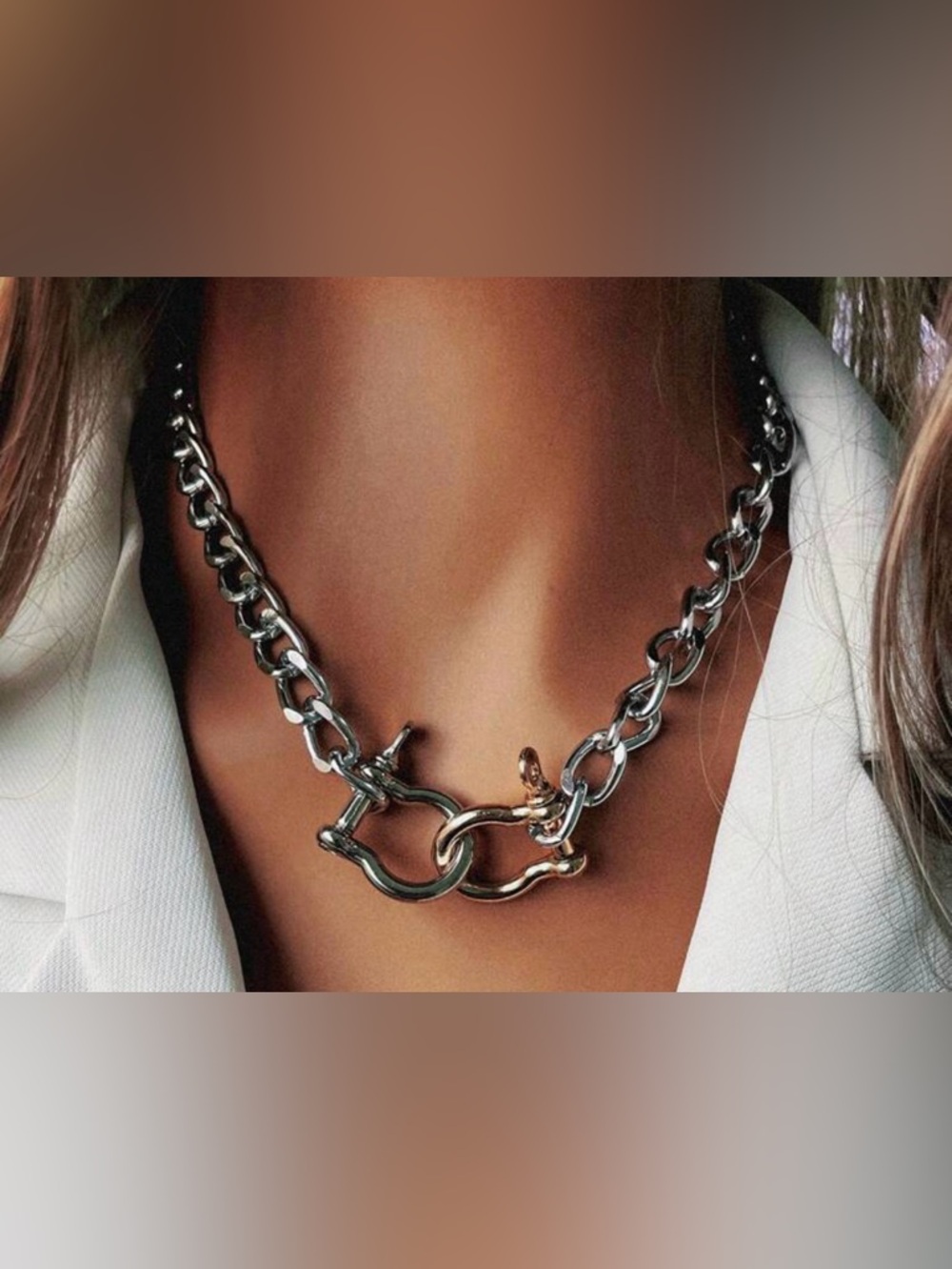 Western Horseshoe Necklace Chunky Silver Chain with Double Two Tone Horseshoe